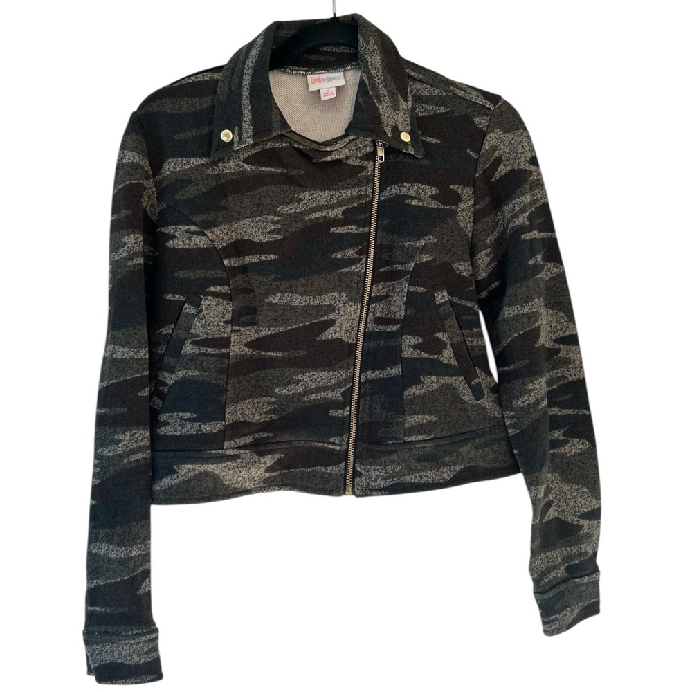 LuLaRoe Cropped Presley Moto Jacket Camo with Gold Zipper Women’s Small Y2K